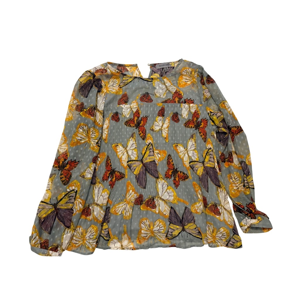 Figueroa &‎ Flower Butterfly Print Pleated Long Sleeve Blouse Grey Orange Medium